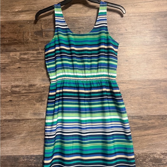 LOFT Vibrant Striped Blue Green Mini Sundress Dress - Picture 2 of 6